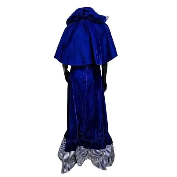 Vintage 70s 80s Union Made Blue Velveteen Maxi Dress Hooded Mantle Set Gingham